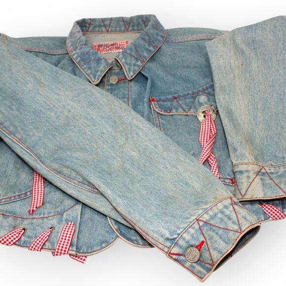 Vtg M/L HystericEtVous Crop Denim JeanJacket Western Gingham Red Cowgirl Light - Picture 9 of 14